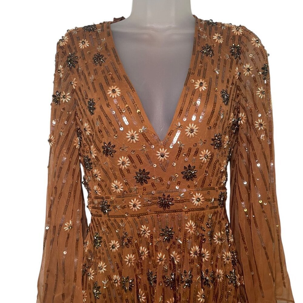 Mac Duggal Cognac Sequin Midi Dress 94076 Long Sleeve V-Neck Size 2 - Picture 6 of 6